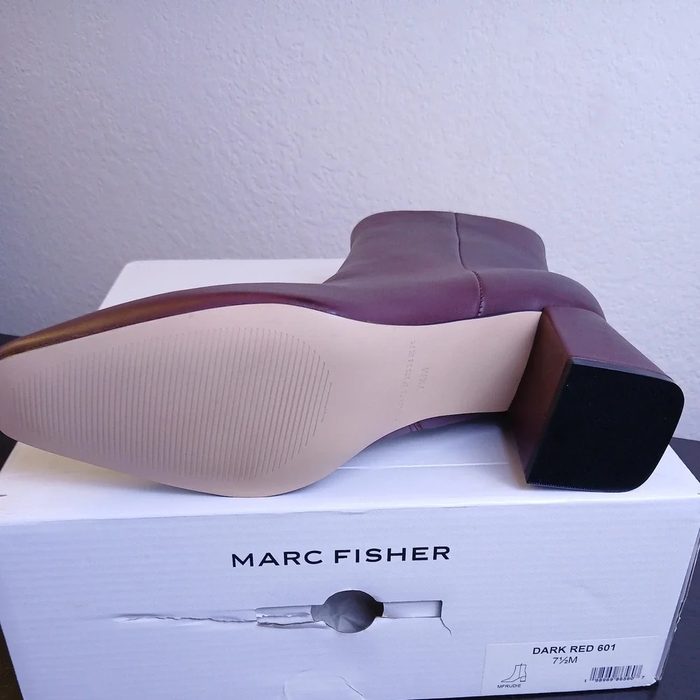 Marc Fisher Ulani Dark Red Leather Pointed Toe Block Heel Ankle Boots Women NEW